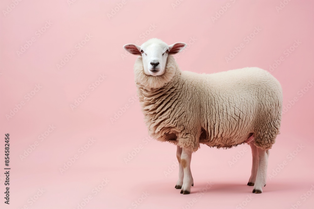 Fototapeta premium White Sheep on Pink Background - Cute Farm Animal