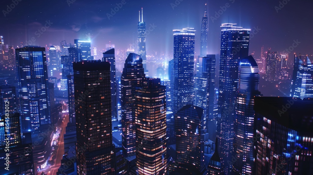 Dazzling urban landscape at night with brightly lit skyscrapers in a modern city Dazzling urban landscape at night with brightly lit skyscrapers in a modern city