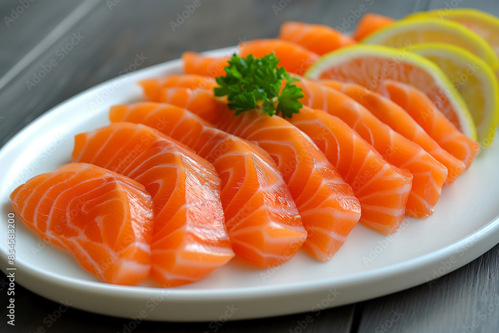 sliced Salmon with parsley leaf And lemon on white background. Image for cafe menu, Banner sliced Salmon with parsley leaf And lemon on white background. Image for cafe menu, Banner