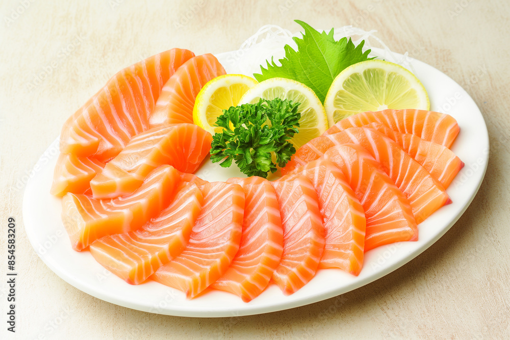 sliced Salmon with parsley leaf And lemon on white background. Image for cafe menu, Banner sliced Salmon with parsley leaf And lemon on white background. Image for cafe menu, Banner