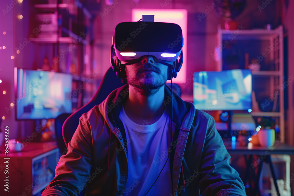 Virtual reality gaming setup gamer with VR headset immersive Virtual reality gaming setup gamer with VR headset immersive