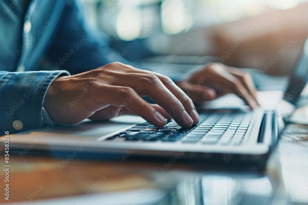 Person working on a laptop computer, focusing on their hands typing. Office environment with natural light, representing productivity and technology. Person working on a laptop computer, focusing on their hands typing. Office environment with natural light, representing productivity and technology.