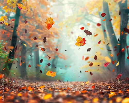 A serene autumn forest with colorful leaves falling from the trees. photo