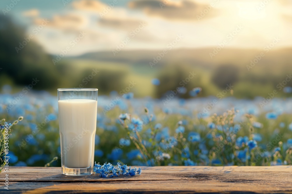 Glass of Fresh Milk - Farm Scene with Cow in Background Glass of Fresh Milk - Farm Scene with Cow in Background