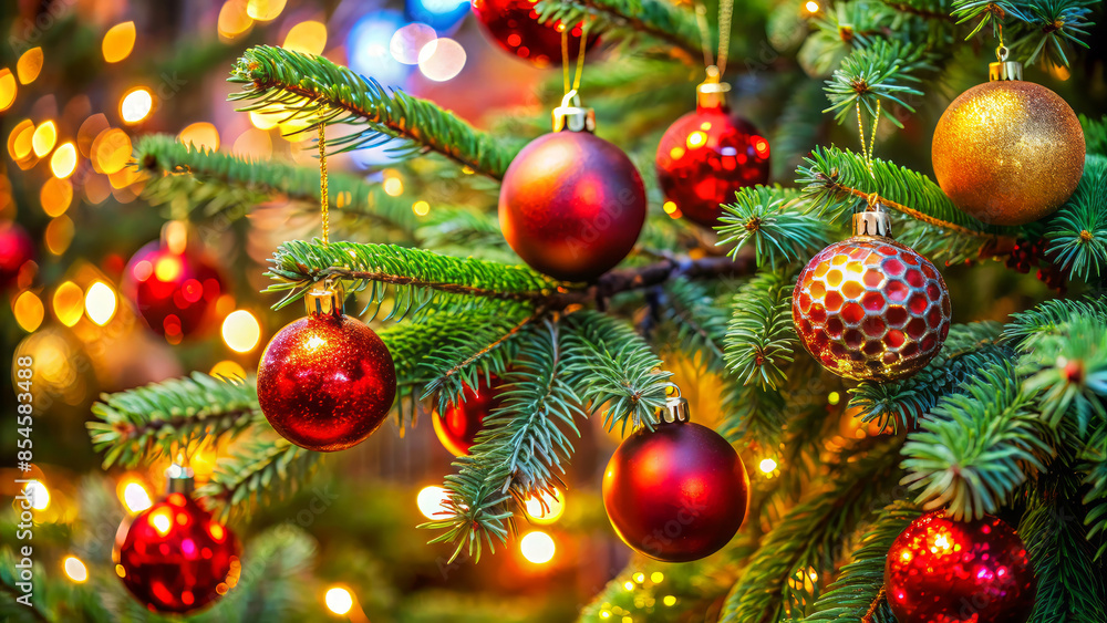 Christmas tree branches adorned with red and gold baubles, glittering lights in the background, festive holiday atmosphere. Christmas tree branches adorned with red and gold baubles, glittering lights in the background, festive holiday atmosphere.