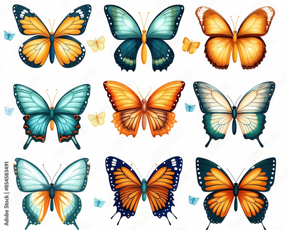 Obraz premium A set of watercolor butterflies isolated on a white background. The butterflies are in various colors, including blue, orange, yellow, and green.