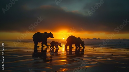 Three bears, likely a mother and her two cubs, walk along the edge of the ocean at sunset. AI. © serg3d