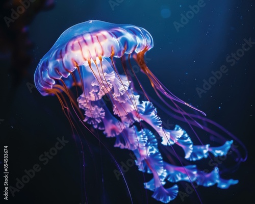 Bioluminescent jellyfish glowing in the dark ocean. AI. photo