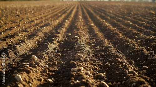 Strews of dolomite flour on plowed land, fertile soil prepared for planting, raw and textured depiction, natural setting