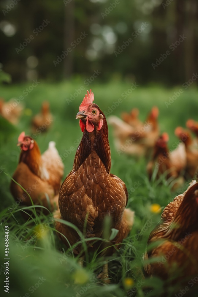 Fototapeta premium Free-Range Chickens on Farm - Brown Hens Grazing in Green Field