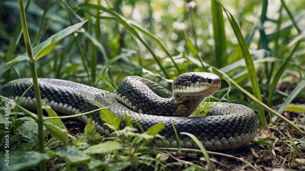 Obraz premium Watercolor painting: A slithering snake winding its way through the undergrowth, its forked tongue flicking as it senses its surroundings,