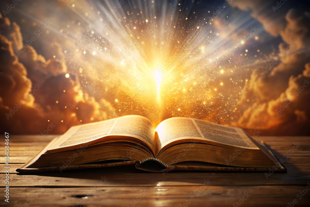 Open Bible with radiant light beams and glowing particles, symbolizing divine inspiration and spiritual enlightenment. Open Bible with radiant light beams and glowing particles, symbolizing divine inspiration and spiritual enlightenment.