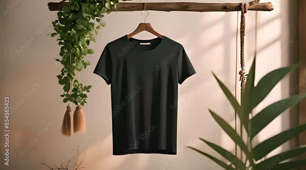 presentation of a mockup of a plain black t-shirt hanging, with front view, 4k resolution footage, generated ai presentation of a mockup of a plain black t-shirt hanging, with front view, 4k resolution footage, generated ai