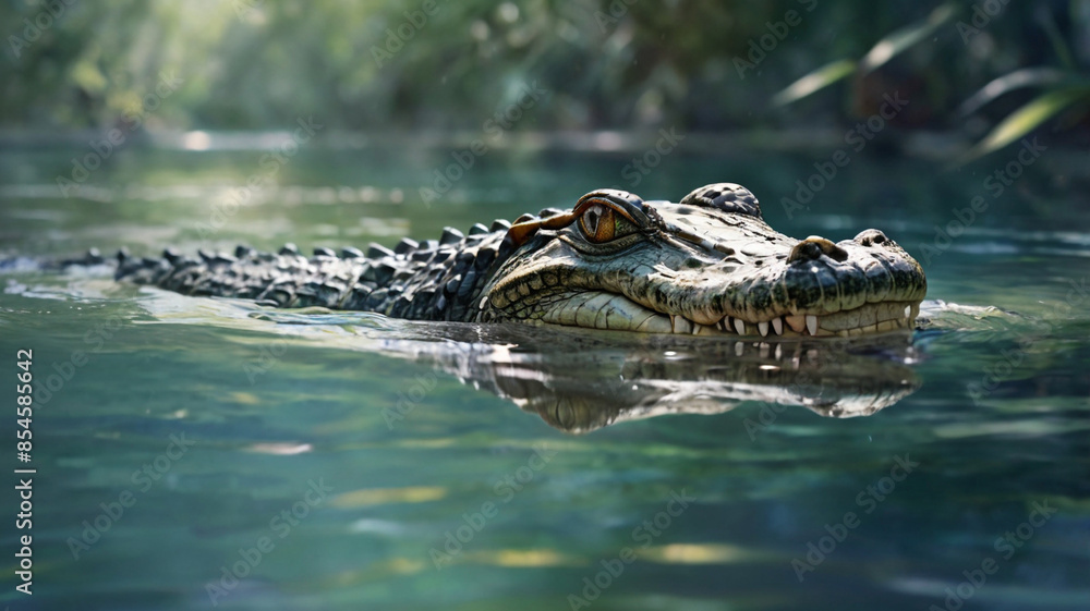 Naklejka premium Watercolor painting: An alligator swimming silently through the water, its eyes and nostrils barely breaking the surface as it stalks its prey,
