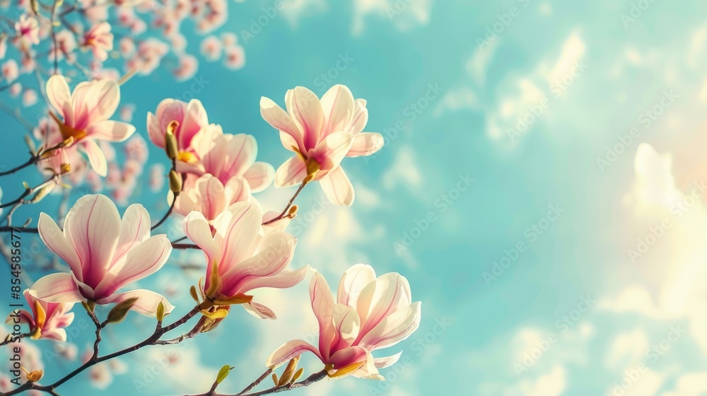 Pink magnolia blossom set against a blue sky Pink magnolia blossom set against a blue sky