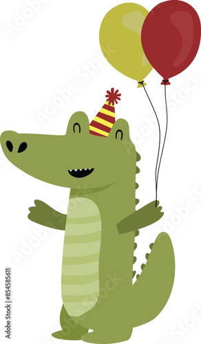 Happy Birthday, cartoon crocodile with birthday hat and balloons.