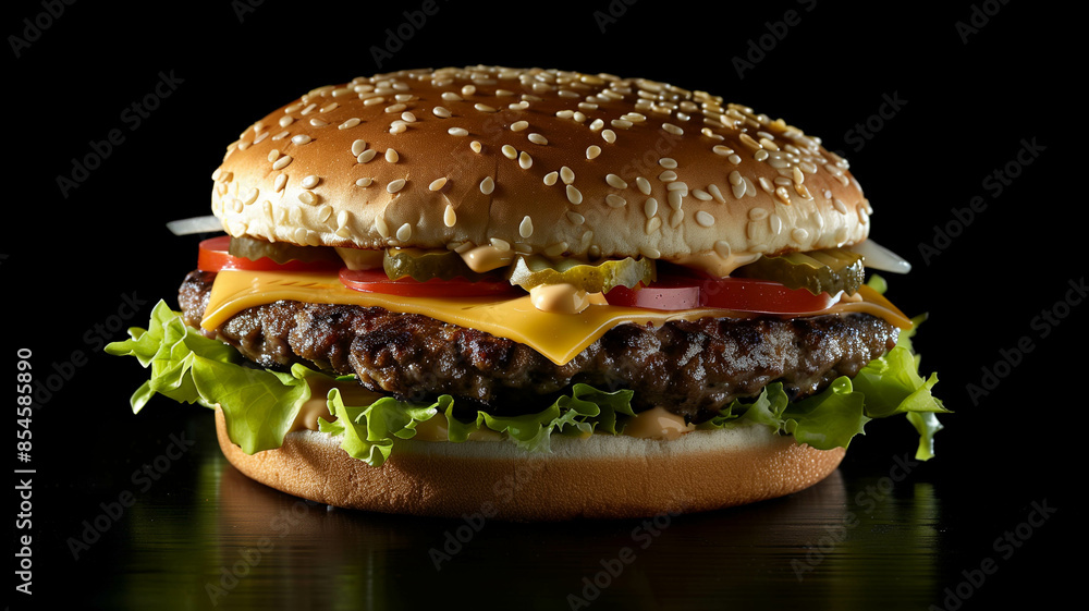 classic cheeseburger with sauce, topped with fresh lettuce and tomatoes classic cheeseburger with sauce, topped with fresh lettuce and tomatoes