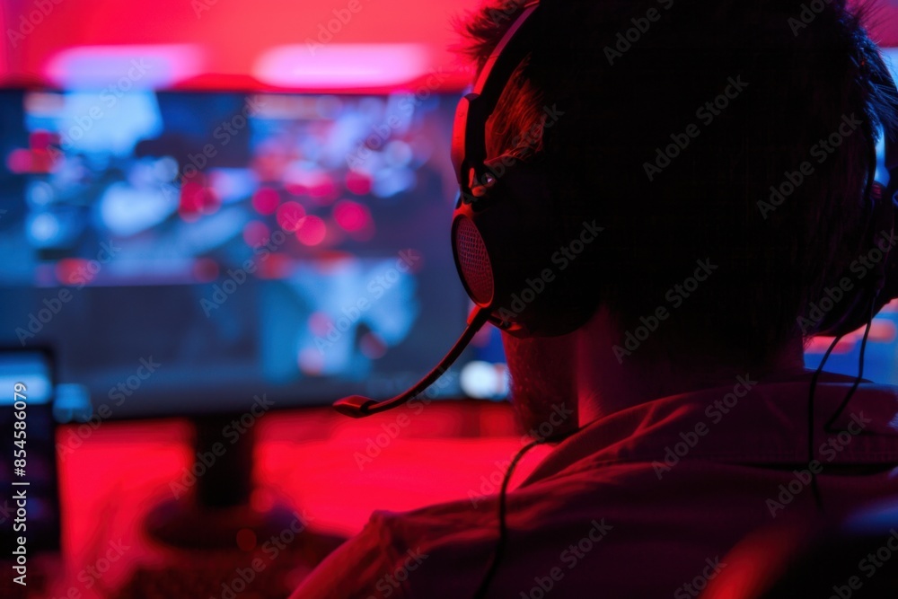 Side profile of a gamer wearing a headset, intently focused on a computer display in a room illuminated with red and blue neon lights. Side profile of a gamer wearing a headset, intently focused on a computer display in a room illuminated with red and blue neon lights.