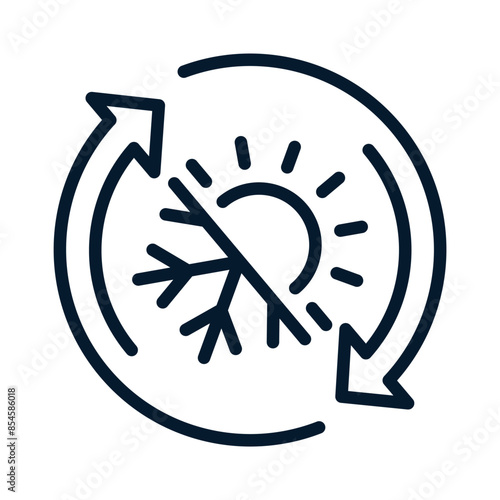 Arrow in a circle, sun, snowflake. Temperature control concept. Vector linear icon isolated on white background.