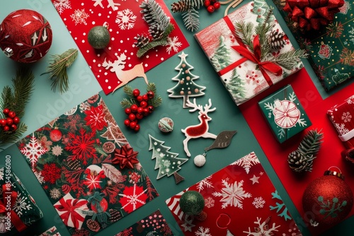 A high-angle photo of a computer screen displaying a collection of digitally designed Christmas wrapping paper patterns, featuring festive colors and holiday motifs
