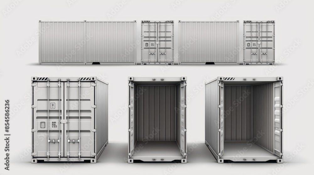 A realistic set of open and closed metal cargo containers, A realistic set of open and closed metal cargo containers,