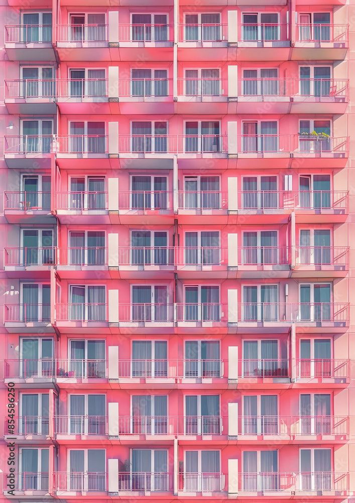 Apartment's dense urban landscape features a residential building facade with rows of windows and balconies Apartment's dense urban landscape features a residential building facade with rows of windows and balconies