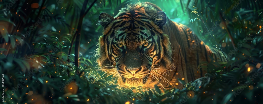 custom made wallpaper toronto digitalAldebaran star shining on a tiger in a jungle with digital foliage, Fantasy, Green and Gold, Illustration, Mystical