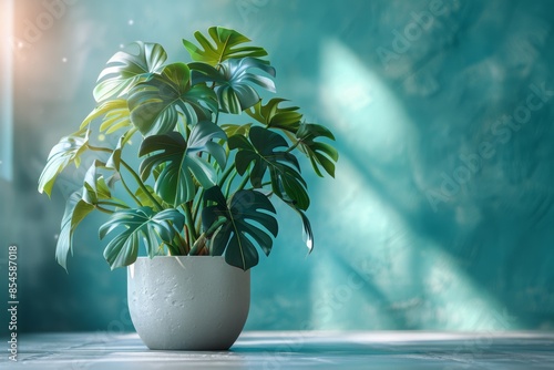 Monstera ornamental plant with fenestrated leaves, in white pot against soft pastel mint blue background. photo