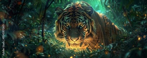 Wallpaper Mural Aldebaran star shining on a tiger in a jungle with digital foliage, Fantasy, Green and Gold, Illustration, Mystical Torontodigital.ca