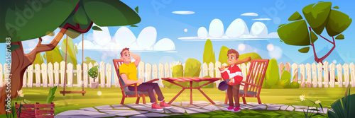 Father and son on house backyard garden cartoon vector. Summer grass patio landscape with fence, chair and table for family. Sunny day neighborhood environment exterior for game illustration