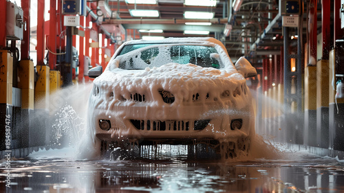 car being thoroughly washed with thick, foamy soap at a busy car wash photo