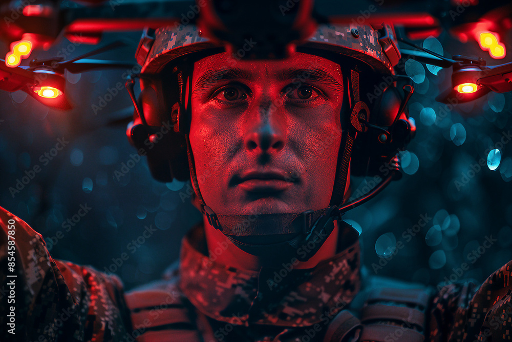 AI generated photo of military soldier controls drone for reconnaissance operation of enemy positions AI generated photo of military soldier controls drone for reconnaissance operation of enemy positions