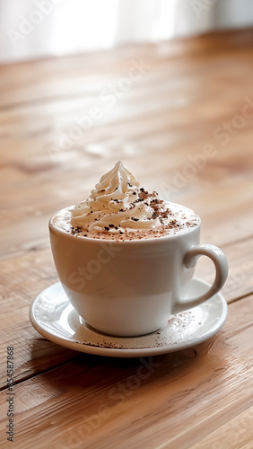 Tranquil Café Scene with Hot Chocolate and Whipped Cream. Cozy Atmosphere, Warm Beverage, Sweet Indulgence. photo