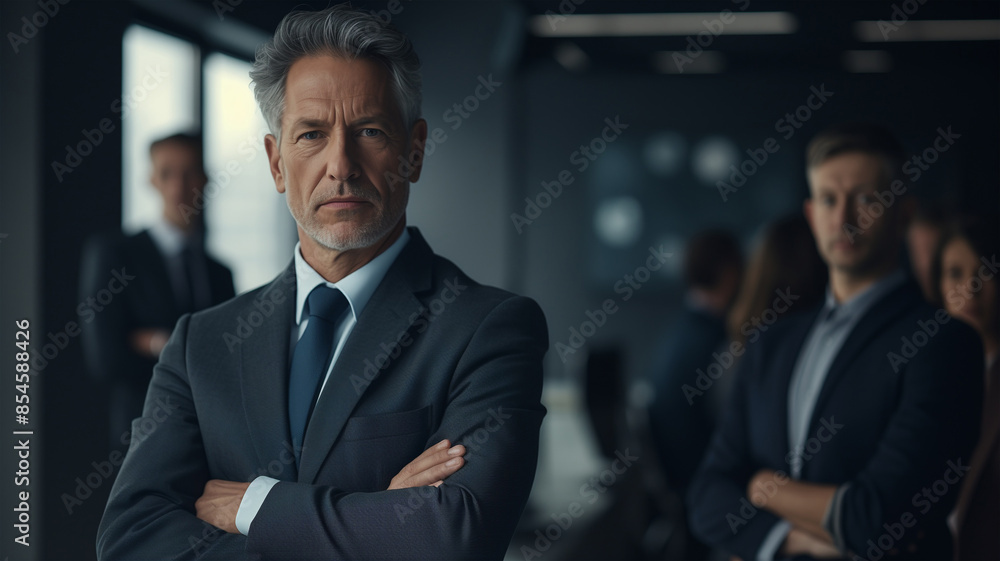 Seriöser Geschäftsmann mit grauen Haaren und strengem Blick und Team im Hintergrund Seriöser Geschäftsmann mit grauen Haaren und strengem Blick und Team im Hintergrund
