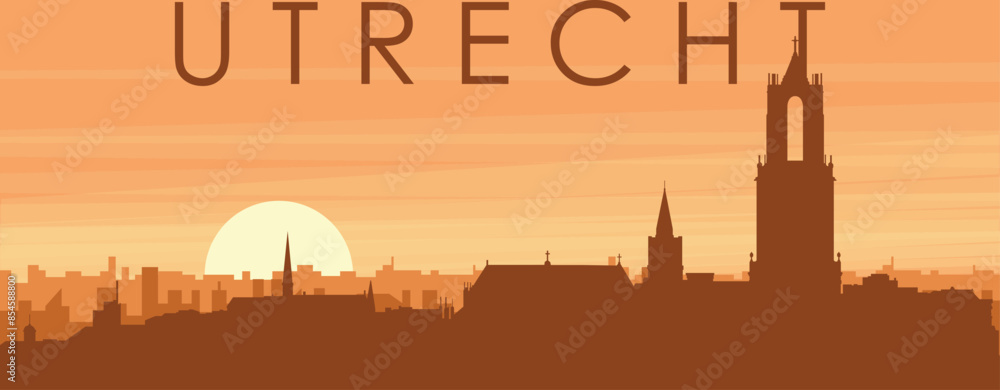 Brown panoramic poster of the city skyline with misty background buildings, sunrise, clouds and mountains of UTRECHT, NETHERLANDS Brown panoramic poster of the city skyline with misty background buildings, sunrise, clouds and mountains of UTRECHT, NETHERLANDS