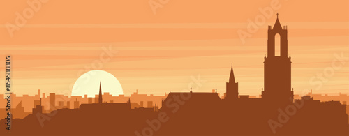 Brown panoramic poster of the city skyline with misty background buildings, sunrise, clouds and mountains of UTRECHT, NETHERLANDS