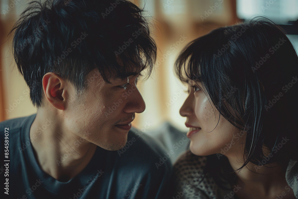 AI generated image of a happy beautiful cute young couple enjoying spending time at home together AI generated image of a happy beautiful cute young couple enjoying spending time at home together