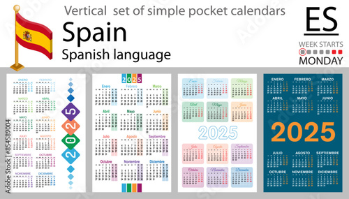 Spanish vertical set of pocket calendar for 2025. Week starts Monday