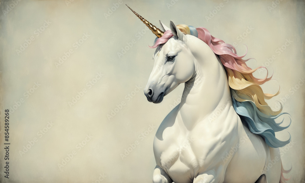 Fototapeta premium Fantasy Illustration of a wild unicorn Horse. Digital art style wallpaper background in pastel colors.