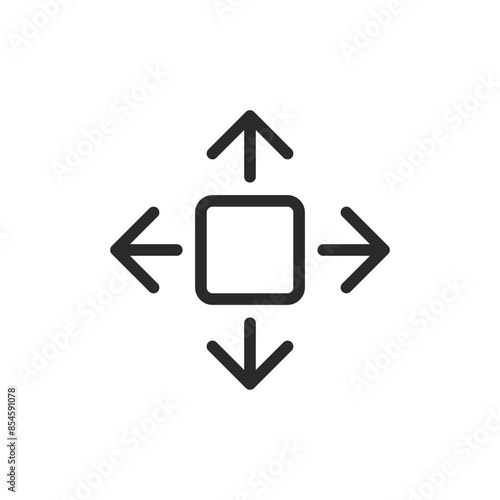 Move in all directions, linear style icon. Four arrows pointing outwards from a square. Editable stroke width