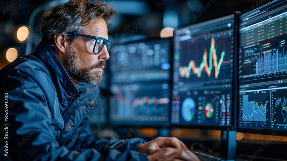 A man in a dimly lit room intensely studies financial charts displayed on multiple computer monitors. He analyzes data, seeking insights and patterns in the market A man in a dimly lit room intensely studies financial charts displayed on multiple computer monitors. He analyzes data, seeking insights and patterns in the market