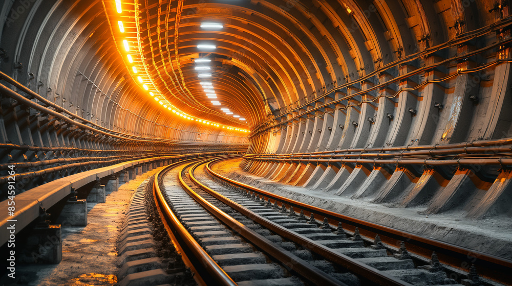 Fototapeta premium A subterranean tunnel, presumably a railway or metro tunnel. The tunnel is illuminated by a series of lights along its curved walls, casting a warm, golden hue.