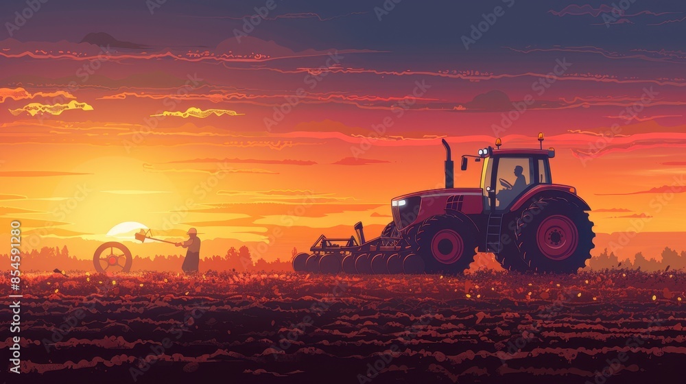 Obraz premium Agricultural workers with tractors