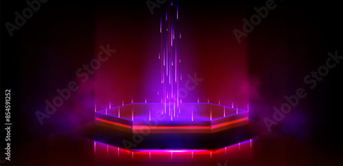 Product or magic portal podium with pink neon glow effect on black background for game ui design. Realistic 3d vector hologram platform with light beams. Futuristic fantasy digital technology stage.