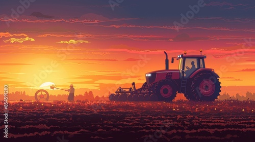 Agricultural workers with tractors photo