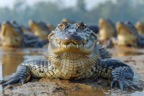 A Gharial crocodile resting on a sandy riverbank in India, its long, narrow snout filled with sharp teeth visible as it basks in the sun. photo