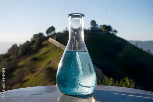 Flask in the outdoors for chemical experiment with blue sulphur solution laboratory glassware photo