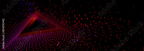 Neon dots and lines in triangular tunnel on black background. Realistic 3d vector illustration of abstract light shine textured triangle fade into perspective distance for futuristic and dj design.