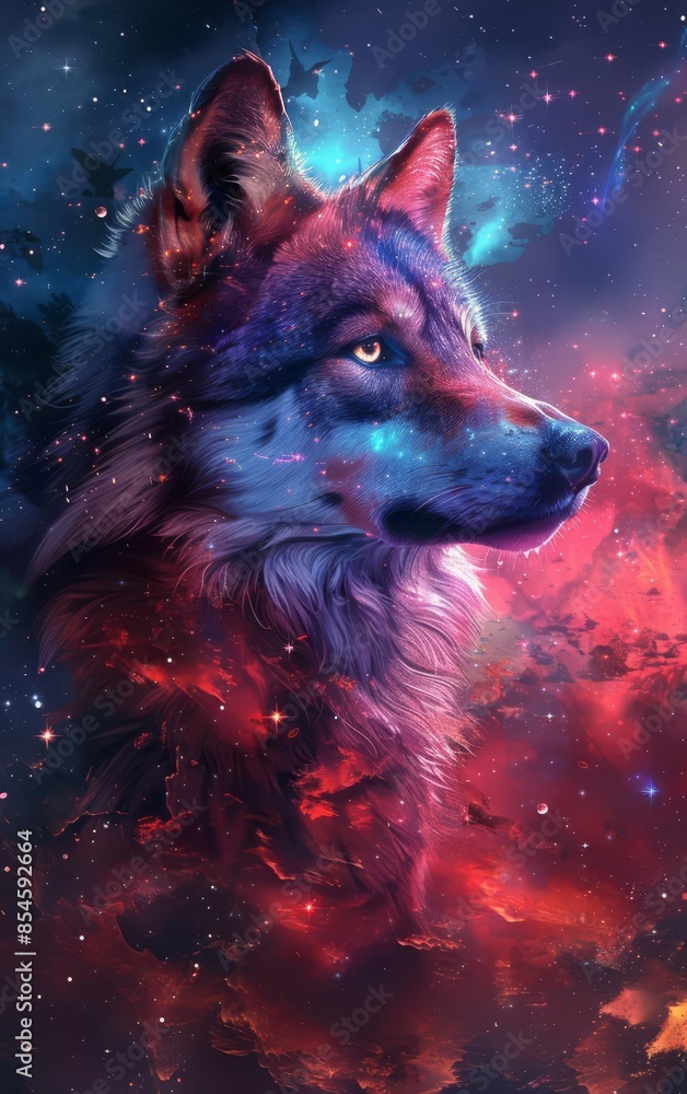 A majestic wolf silhouetted against a vibrant nebula, evoking a sense of wonder and cosmic power. A majestic wolf silhouetted against a vibrant nebula, evoking a sense of wonder and cosmic power.