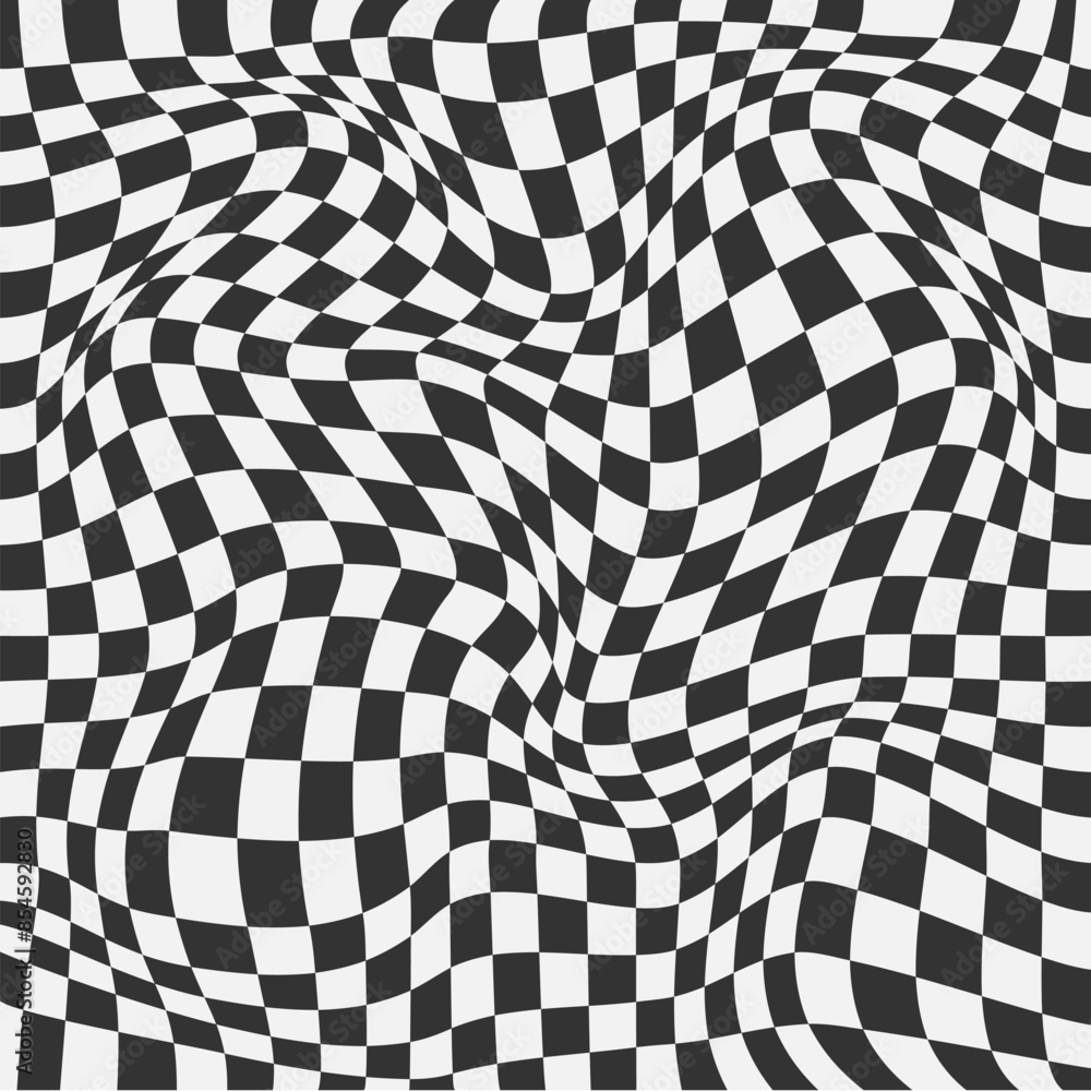 Checkerboard warped pattern. Wavy surface background with geometric graphic. Abstract chess square print. Checkered psychedelic optical illusion. Y2k design for banner. Vector illustration Checkerboard warped pattern. Wavy surface background with geometric graphic. Abstract chess square print. Checkered psychedelic optical illusion. Y2k design for banner. Vector illustration